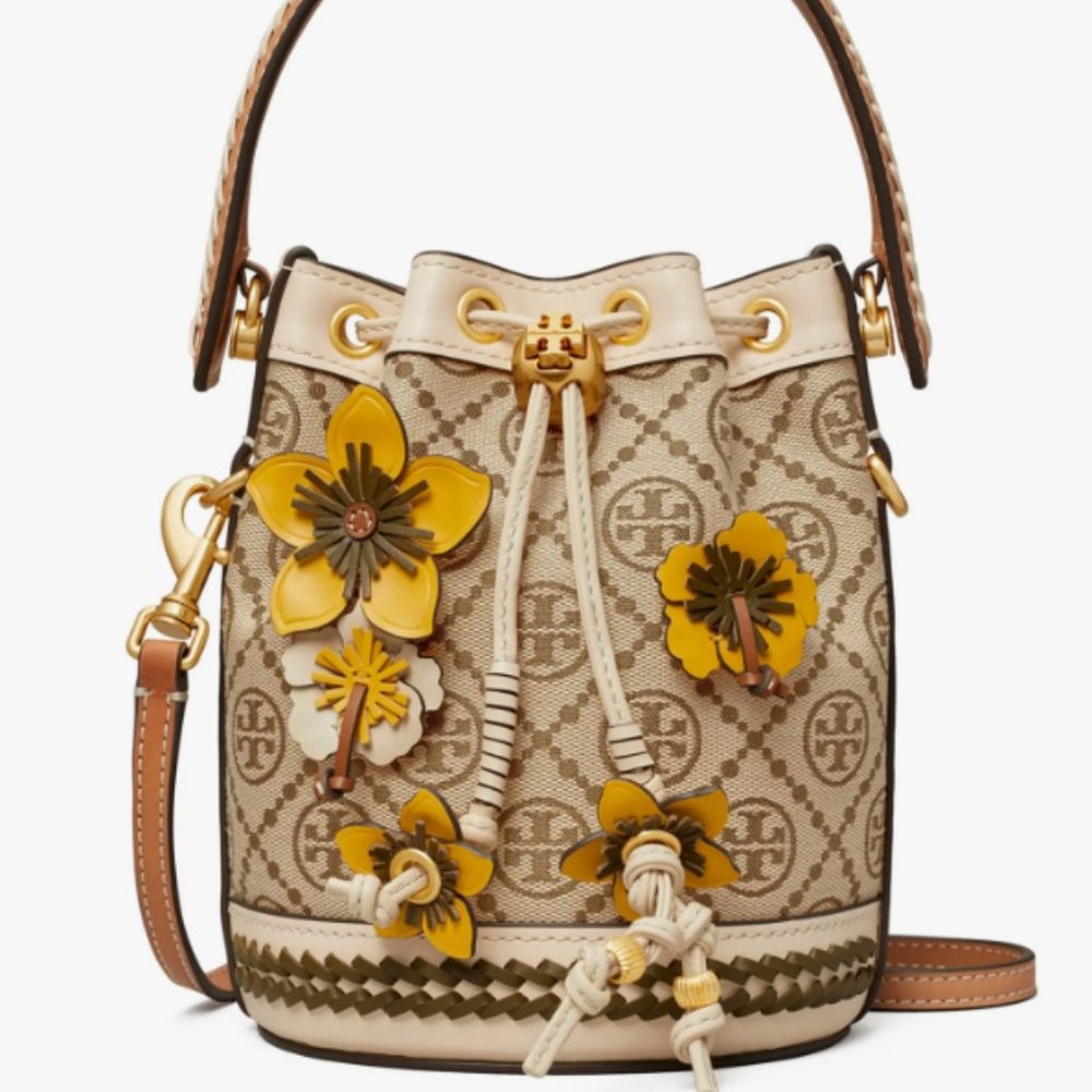 {Tory Burch} T MONOGRAM MINI BRAIDED BUCKET CROSSBODY IN HAZELNUT/ROLLED BRASS